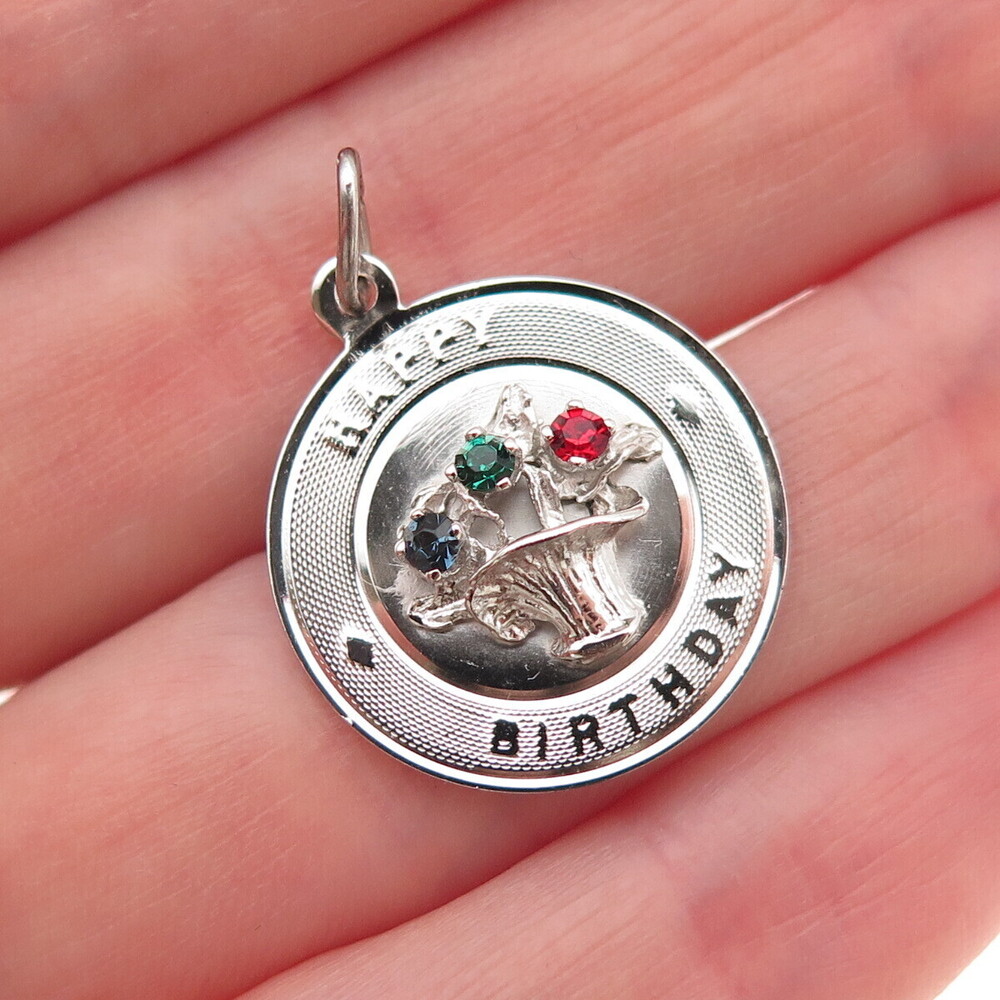 Town & Country Sterling Silver Vintage Rhinestone Happy Birthday Charm Pendant